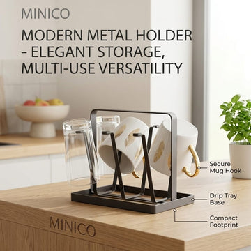Modern Metal Glass & Mug Holder Rack with Drip Tray