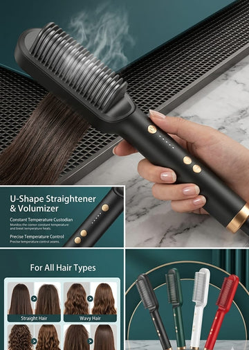 Professional U-Shape Hair Straightener Brush – Ionic Volumizer, Fast Heating, Sleek Matte Finish