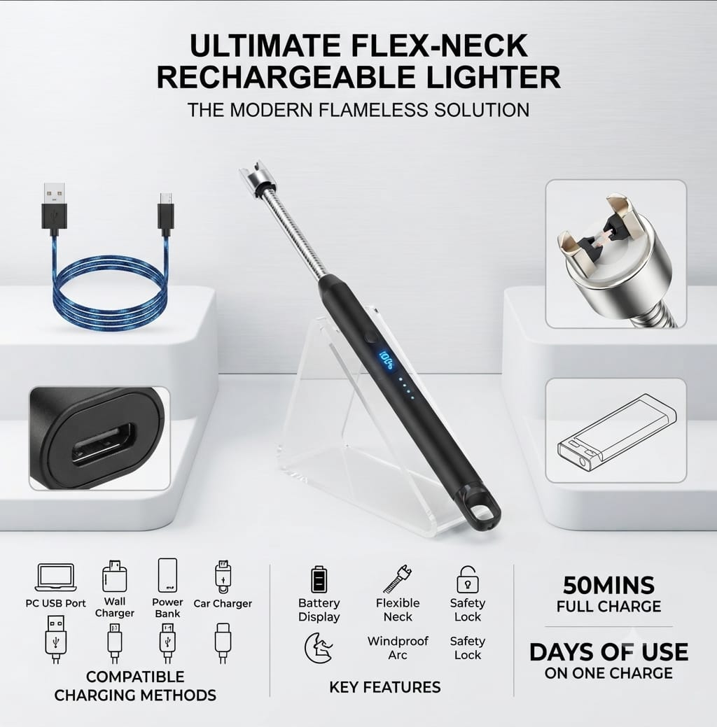 Pro-Series Rechargeable Flex-Neck Electric Lighter – Windproof & Flameless Technology